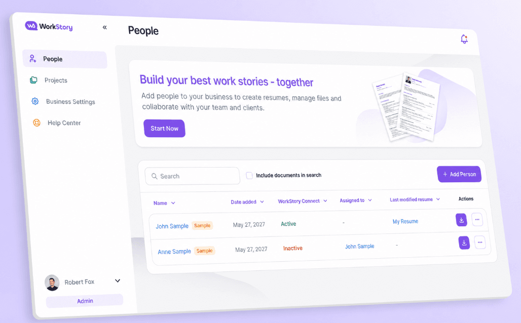 WorkStory product dashboard — the People workspace showing team profiles, resumes and collaboration status